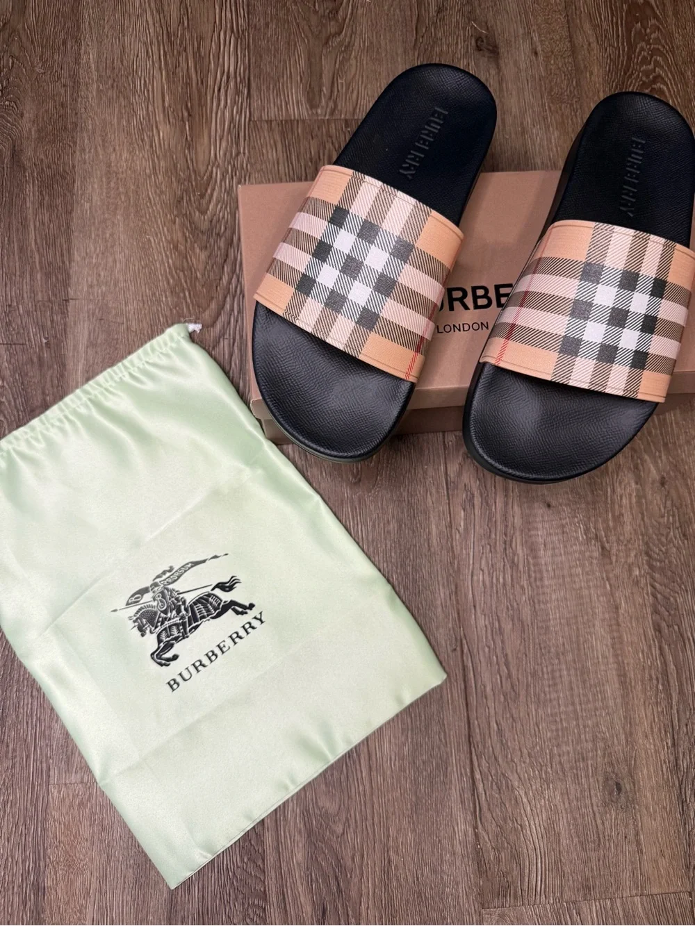 Burberry Black Footbed Peach Check Slide Sandals